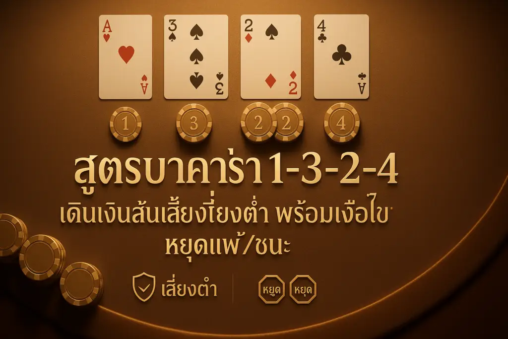 ภาพฟีเจอร์สูตรบาคาร่า 1-3-2-4 โทนทองน้ำตาลสไตล์หรู พร้อมข้อความหัวข้อบนภาพ สำหรับบทความ hotwin888