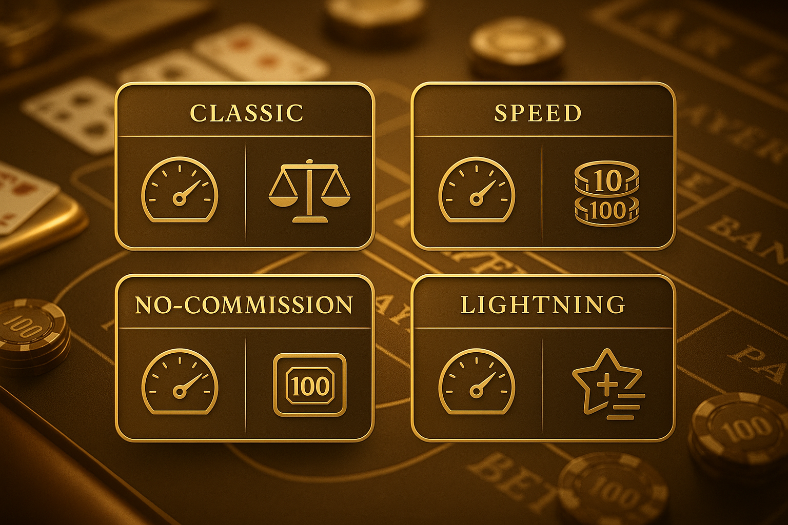 อินโฟกราฟิกเปรียบเทียบข้อควรสังเกตเกมบาคาร่าแต่ละประเภท เช่น classic, speed, no commission, lightning โทนทองน้ำตาลหรูหรา สำหรับ HOTWIN888