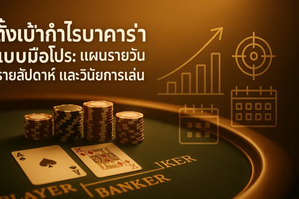 ภาพโทนทองน้ำตาลแนวลักชัวรีสำหรับบทความ ตั้งเป้ากำไรบาคาร่า แสดงโต๊ะบาคาร่า ชิป กราฟเป้าหมาย และไอคอนปฏิทินสื่อถึงแผนรายวันและรายสัปดาห์ พร้อมข้อความหัวเรื่องซ้อนทับ ใช้กับบทความของ hotwin888