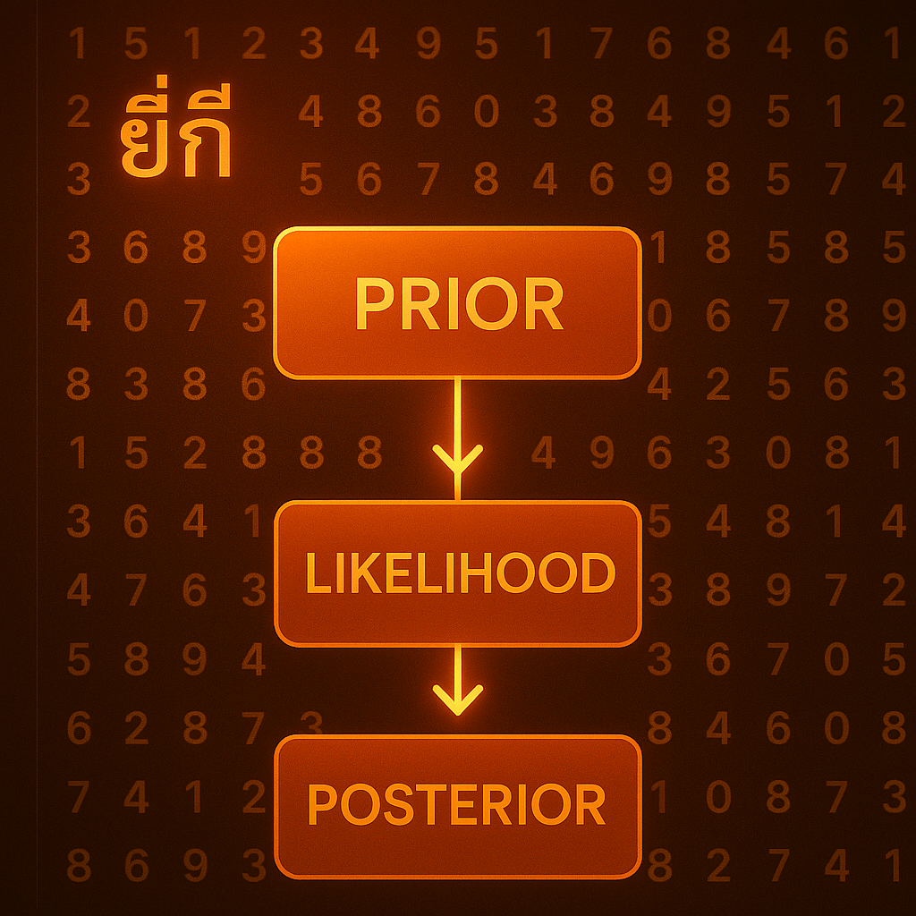 ภาพขั้นตอน วิเคราะห์หวยยี่กีแบบเบย์เซียน แสดงการอัปเดต Prior และ Likelihood ในแต่ละงวด