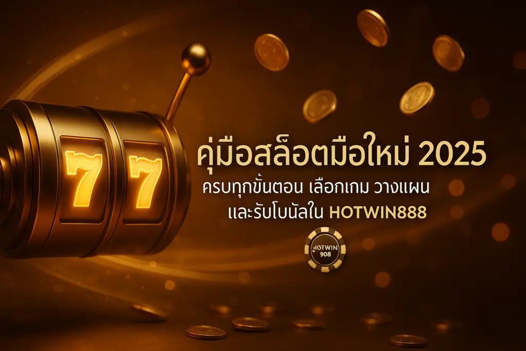 ภาพฮีโร่ คู่มือสล็อตมือใหม่ 2025 บน HOTWIN888 โทนทอง-น้ำตาลสไตล์หรู พร้อมข้อความหัวเรื่องบนภาพเกี่ยวกับวิธีเลือกเกม วางแผน และรับโบนัส