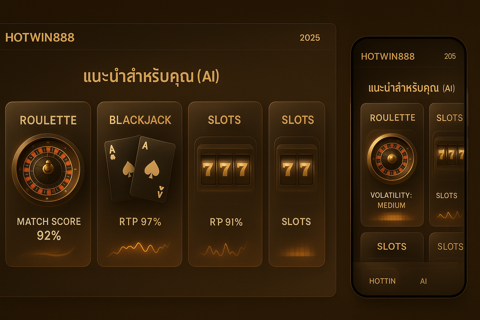 ตัวอย่างแดชบอร์ดแนะนำเกมคาสิโนด้วย AI โทนทอง-น้ำตาล บนเว็บตรง hotwin888