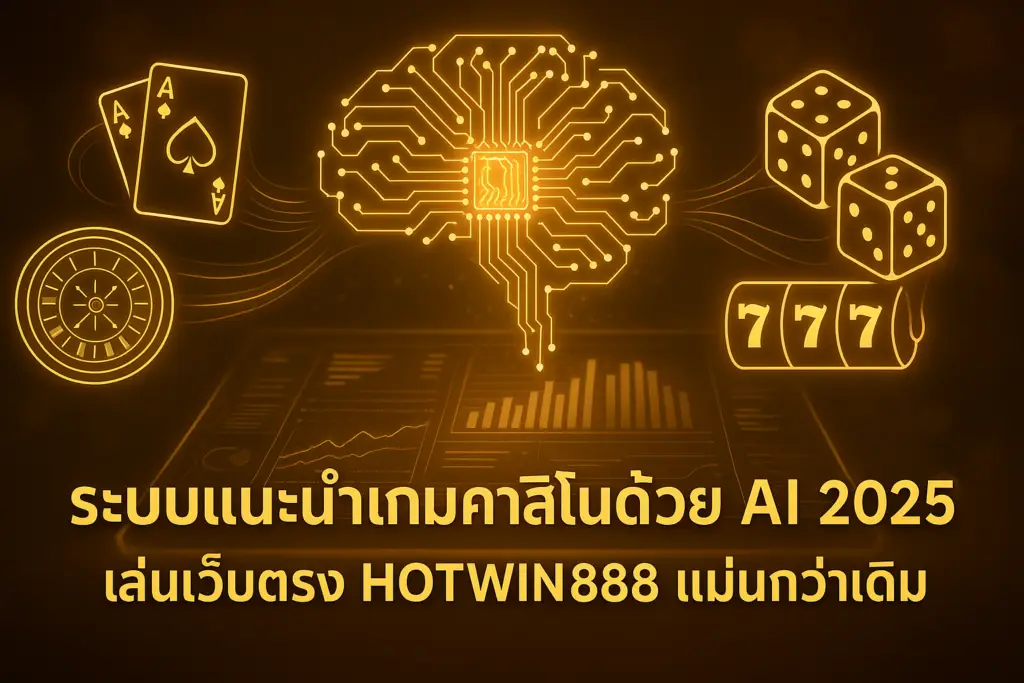 ภาพรวมระบบแนะนำเกมคาสิโนด้วย AI ปี 2025 โทนทอง-น้ำตาลสไตล์หรู พร้อมข้อความหัวเรื่องบนภาพ สำหรับเว็บตรง hotwin888