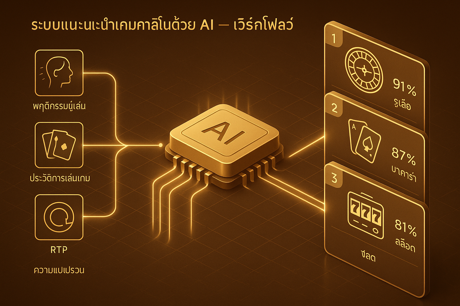 ผังเวิร์กโฟลว์ระบบแนะนำเกมคาสิโนด้วย AI โทนทอง-น้ำตาล สำหรับเว็บตรง hotwin888