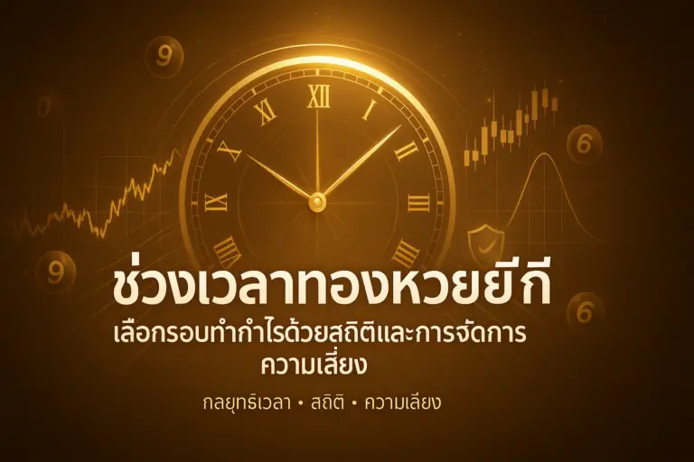 ภาพประกอบบทความช่วงเวลาทองหวยยี่กี สไตล์ golden–brown luxury มีนาฬิกาทอง กราฟสถิติ และสัญลักษณ์การจัดการความเสี่ยง สำหรับ hotwin888