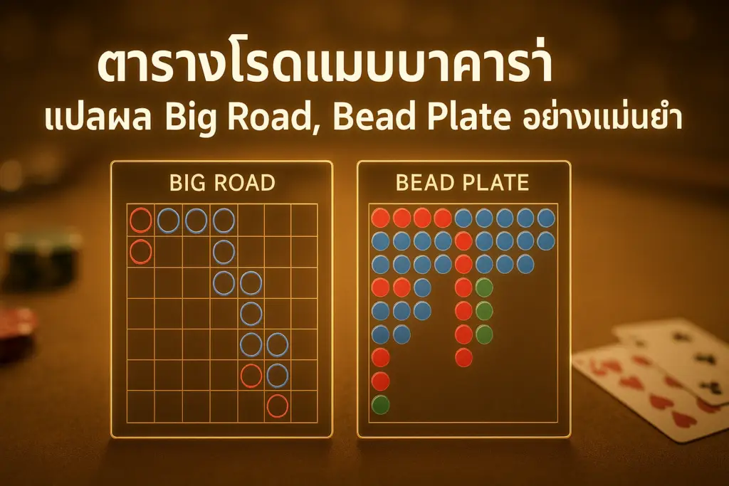 Feature image โทนหรูสีทอง-น้ำตาล แสดงตารางโรดแมปบาคาร่า พร้อมกราฟ Big Road และ Bead Plate มีข้อความหัวข้อบทความซ้อนทับ เหมาะกับ hotwin888