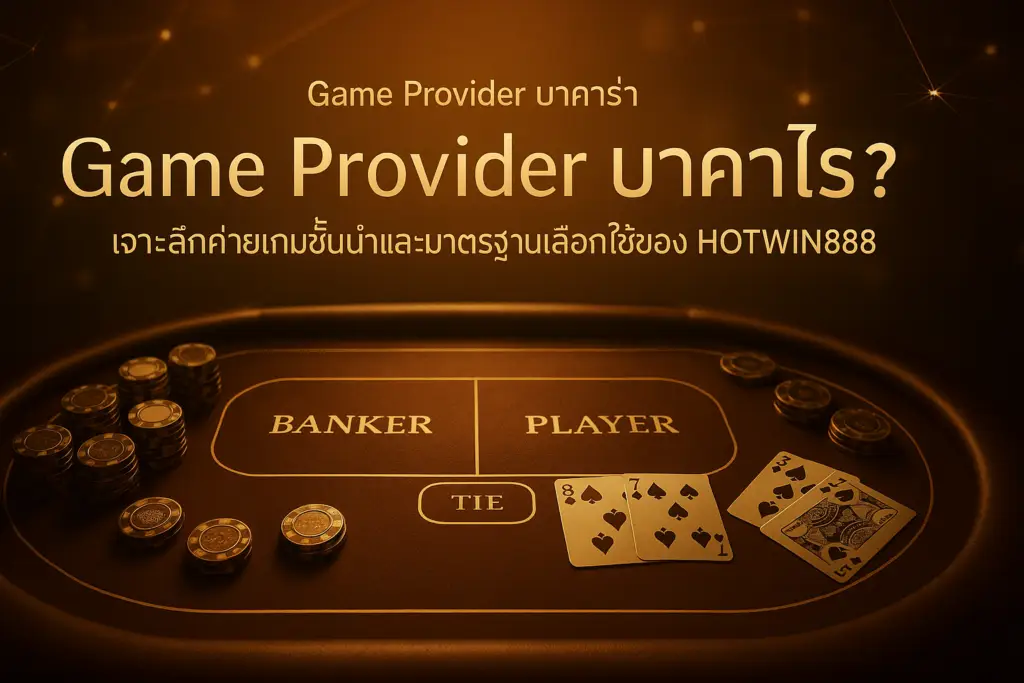 ภาพฟีเจอร์สื่อถึง Game Provider บาคาร่า บน HOTWIN888: โต๊ะบาคาร่าโทนทอง-น้ำตาลหรูหรา เส้นเครือข่ายผู้ให้บริการรอบโต๊ะ และข้อความหัวเรื่องบนภาพ