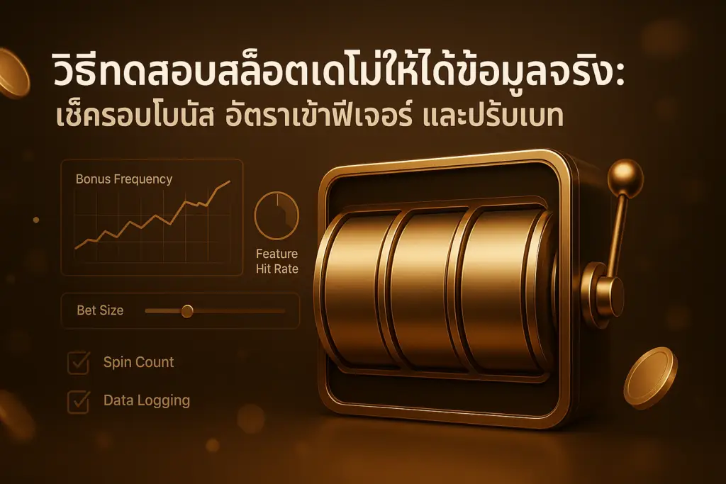 ภาพประกอบบทความ วิธีทดสอบสล็อตเดโม่ ของ hotwin888 โทนหรูหราสีทอง-น้ำตาล แสดงสล็อตเดโม่พร้อมกราฟรอบโบนัส อัตราเข้าฟีเจอร์ และแถบปรับเบท