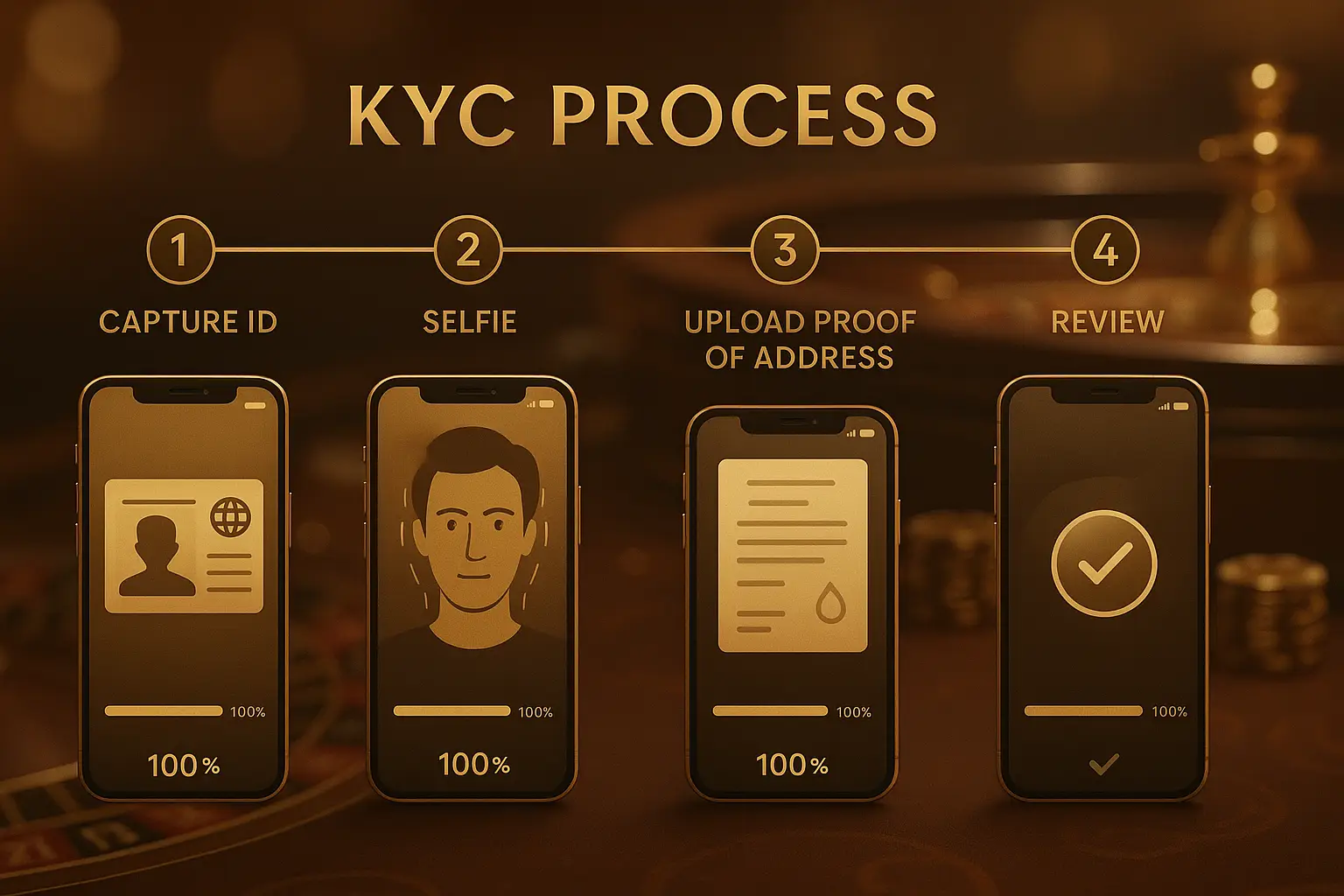 อินโฟกราฟิกขั้นตอน KYC เพื่อ ยืนยันตัวตนในเว็บคาสิโนออนไลน์ ของ hotwin888: ถ่ายบัตรประชาชน เซลฟี่ตรวจสอบความมีชีวิต อัปโหลดหลักฐานที่อยู่ และได้รับเครื่องหมายยืนยัน