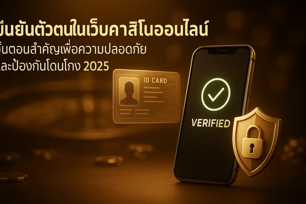 แบนเนอร์บทความ ยืนยันตัวตนในเว็บคาสิโนออนไลน์ แสดงมือถือและบัตรดิจิทัล พร้อมสัญลักษณ์ล็อก โทนทอง-น้ำตาลหรู สำหรับ hotwin888 ปี 2025