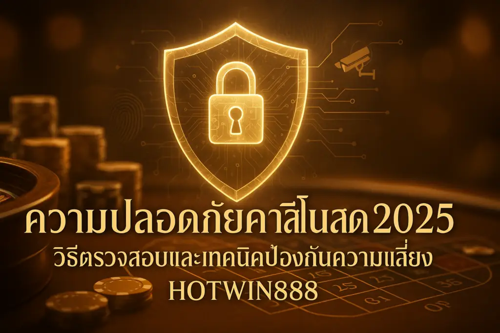 ภาพปกความปลอดภัยคาสิโนสด 2025 ของ HOTWIN888 แสดงโล่และแม่กุญแจปกป้องโต๊ะคาสิโนสด โทนหรูหราเฉดทองน้ำตาล