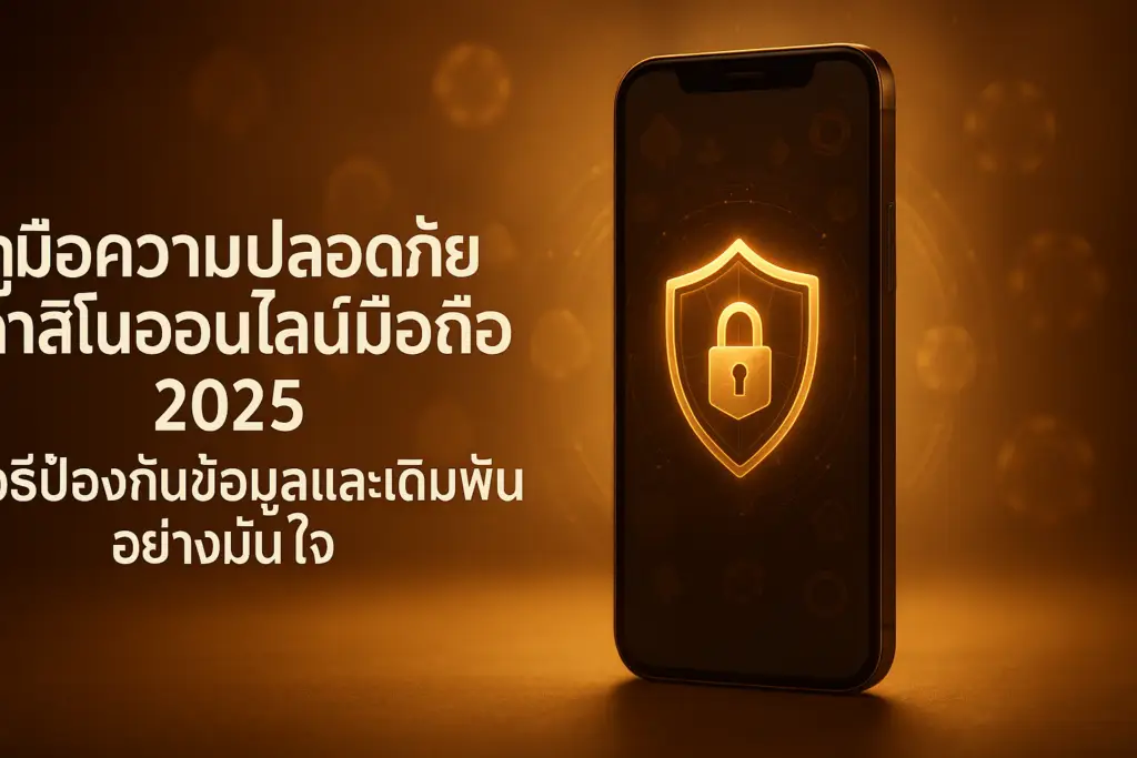 ภาพฮีโร่สำหรับคู่มือความปลอดภัยคาสิโนออนไลน์มือถือ แสดงสมาร์ตโฟนกับไอคอนโล่กุญแจและเอฟเฟ็กต์เข้ารหัส โทนทอง–น้ำตาลหรูหรา สำหรับบทความ hotwin888