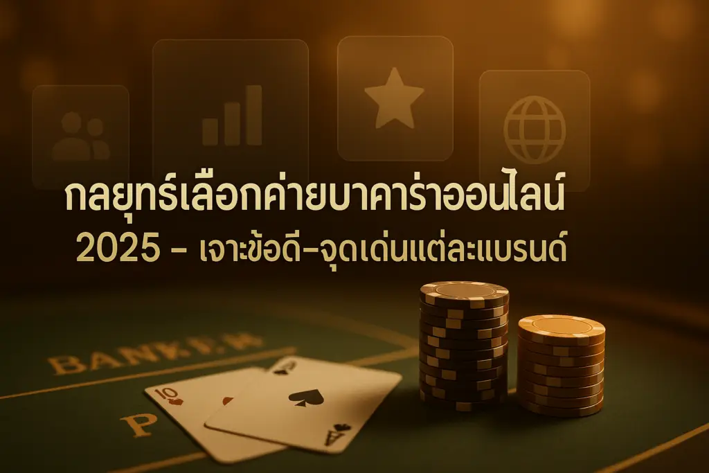 ภาพปกกลยุทธ์เลือกค่ายบาคาร่าออนไลน์ 2025 โทนทอง-น้ำตาลหรูหรา พร้อมข้อความหัวข้อบทความ โดย hotwin888