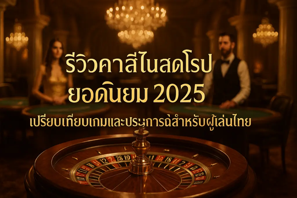 ภาพปก รีวิวคาสิโนสดยุโรปยอดนิยม 2025 โทนหรูหรา golden-brown สื่อถึงรูเล็ต แบล็คแจ็ค บาคาร่า สำหรับผู้เล่นไทย โดย hotwin888