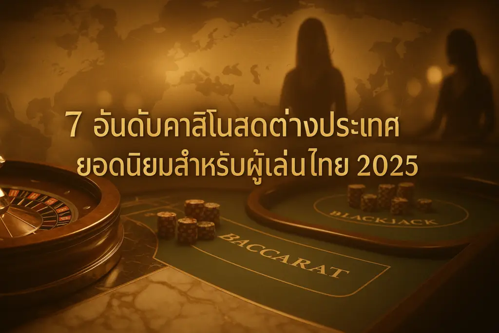 ภาพฮีโร่ธีมหรูโทนไล่เฉดทองน้ำตาล แสดงคาสิโนสดต่างประเทศยอดนิยมพร้อมข้อความหัวเรื่อง สำหรับบทความของ hotwin888