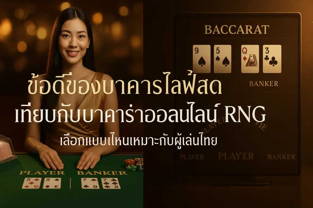 ภาพเปรียบเทียบบาคาร่าไลฟ์สดกับบาคาร่าออนไลน์ RNG โทนหรูหรา ทอง–น้ำตาล พร้อมข้อความหัวข้อบทความ ข้อดีของบาคาร่าไลฟ์สดเทียบกับบาคาร่าออนไลน์ RNG เลือกแบบไหนเหมาะกับผู้เล่นไทย สำหรับ hotwin888