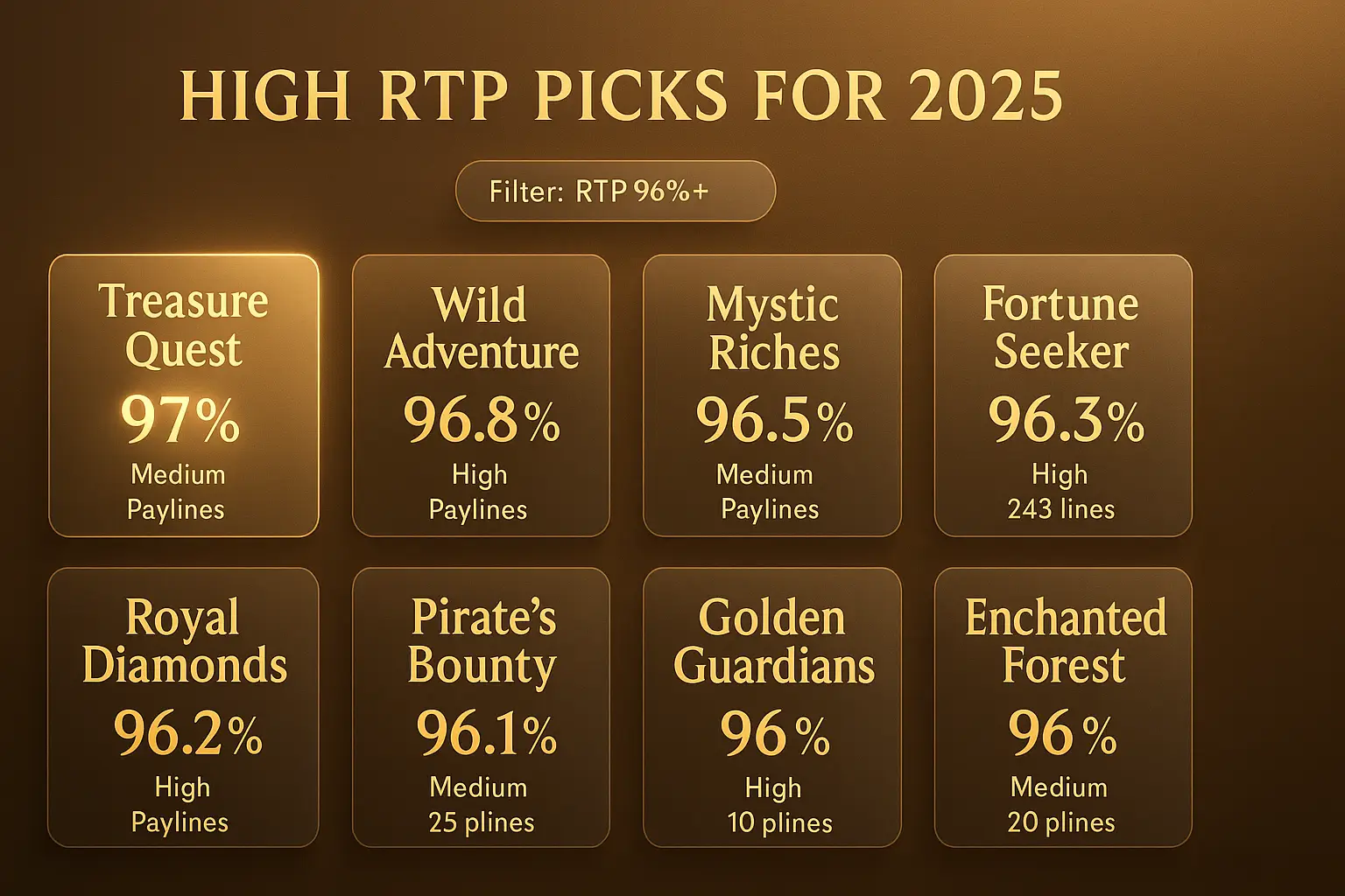 ตัวอย่างหน้าเลือกเกมสล็อตที่กรอง RTP สูง 96%+ สำหรับมือใหม่ 2025 พร้อมการไฮไลต์เกมแนะนำ ในธีมทอง–น้ำตาลสไตล์หรูของ HOTWIN888