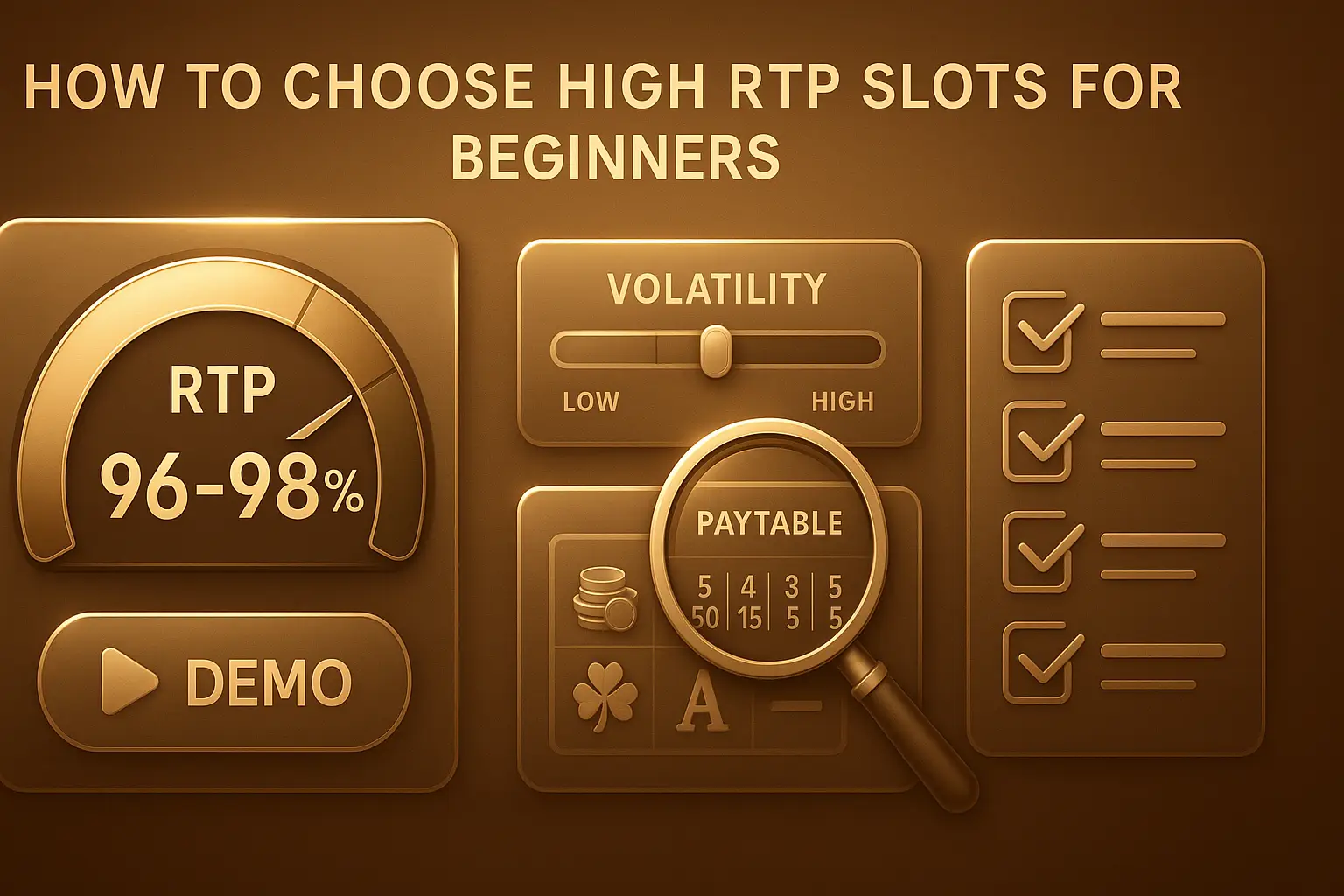 อินโฟกราฟิกแนวทางการเลือกสล็อต RTP สูงสำหรับมือใหม่ 2025: เกจ RTP 96%+, ความผันผวนปานกลาง และเช็กลิสต์สำคัญ ในโทนทอง–น้ำตาลหรู สำหรับ HOTWIN888