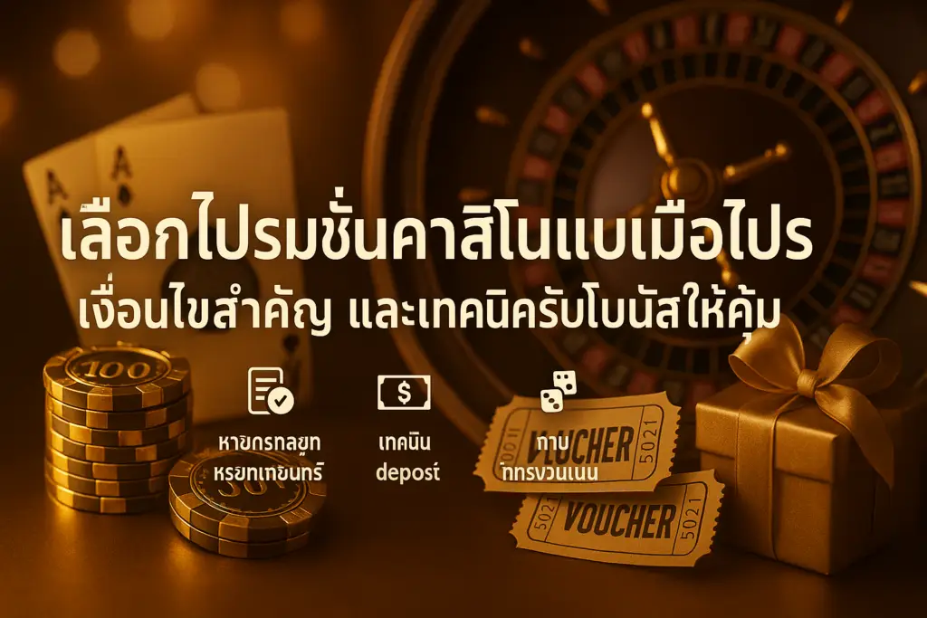 ภาพฟีเจอร์ เลือกโปรโมชั่นคาสิโนแบบมือโปร โทนหรูทอง-น้ำตาล มีข้อความหัวเรื่องบนภาพ สำหรับ hotwin888