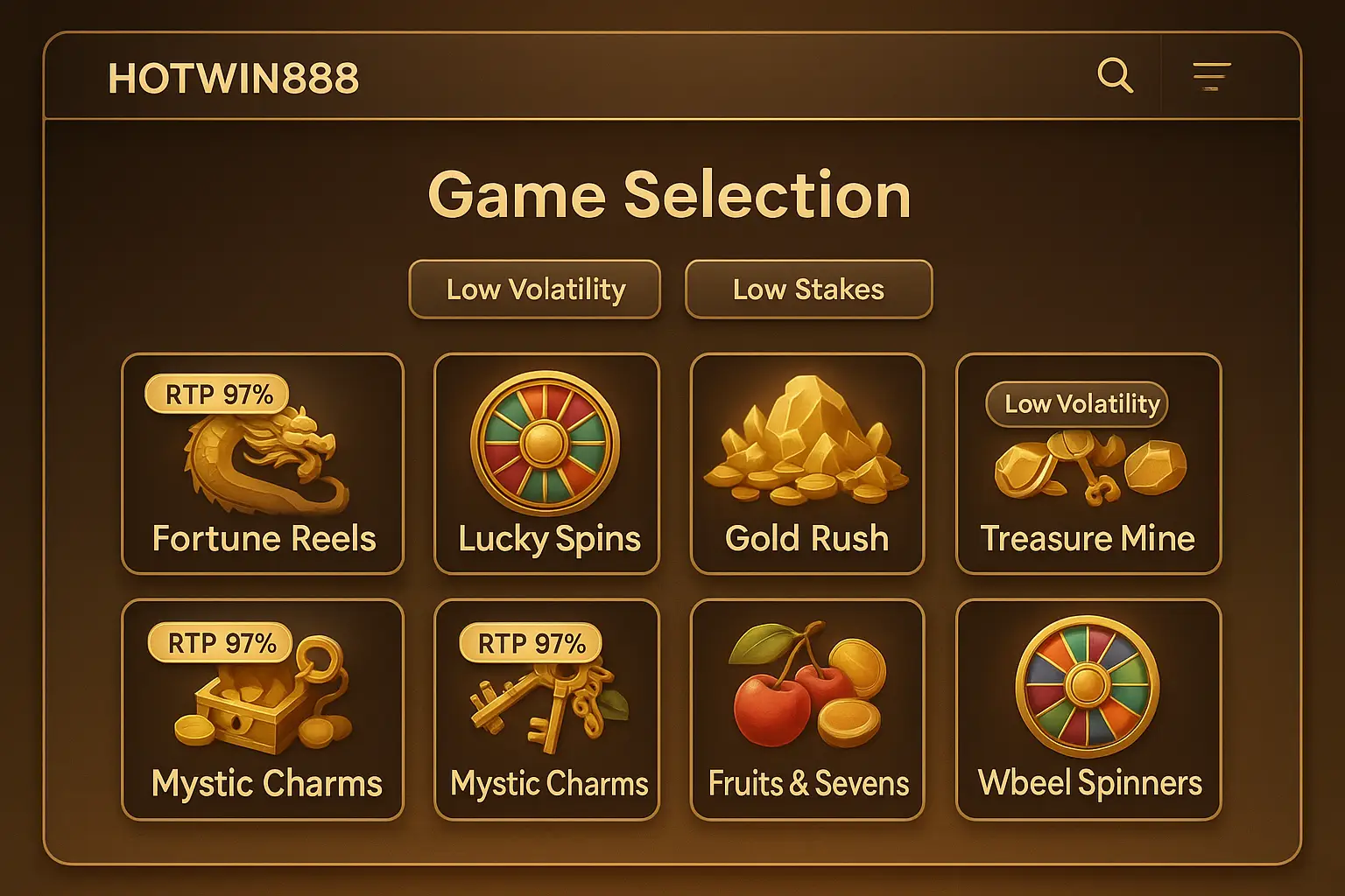 ตัวอย่างหน้าจอเลือกเกมสล็อตที่มี RTP สูงและความผันผวนต่ำ สำหรับสูตรสล็อตสำหรับสายปั่นทุนน้อย 2025 บน HOTWIN888 โทนทอง-น้ำตาลหรูหรา