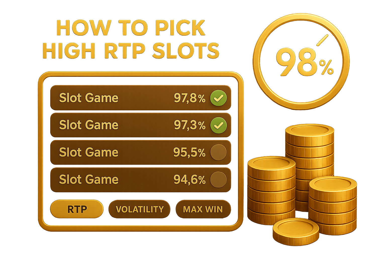 อินโฟกราฟิก ทริคเล่นสล็อต RTP สูง วิธีเลือกเกม RTP 97%+ และตัวกรองความผันผวน บน hotwin888 โทนทองน้ำตาลหรูหรา
