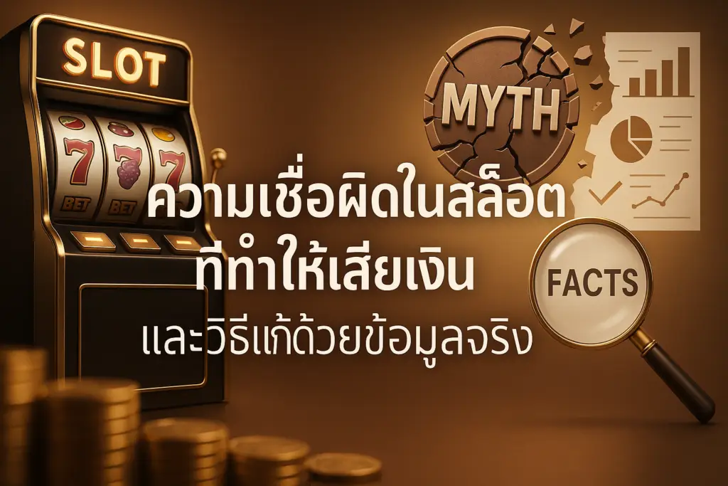 ภาพประกอบความเชื่อผิดในสล็อต โทนหรูหราไล่เฉดทอง-น้ำตาล แสดงสล็อตแมชชีน ไอคอน myth vs facts และกราฟข้อมูล สำหรับบทความ hotwin888