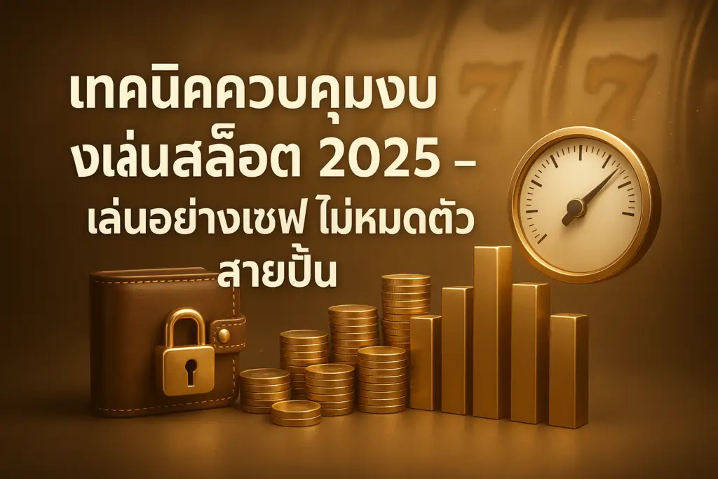 ภาพปกแนวหรูหราธีมโทนทอง-น้ำตาล แสดงสัญลักษณ์กระเป๋าเงินและกราฟงบประมาณ สื่อถึงเทคนิคควบคุมงบเล่นสล็อต สำหรับบทความของ hotwin888