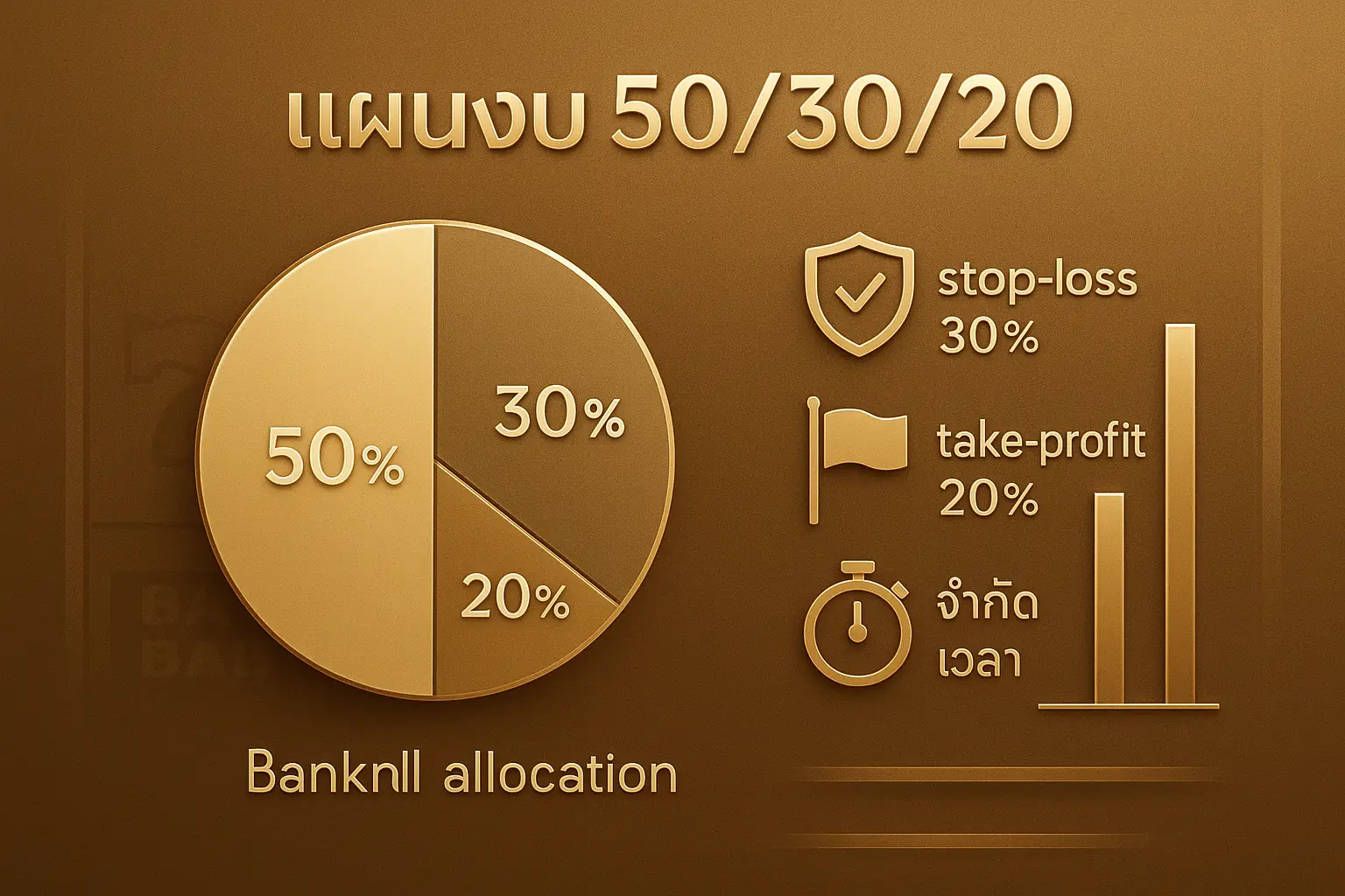 อินโฟกราฟิกกลยุทธ์เทคนิคควบคุมงบเล่นสล็อต โชว์สัดส่วน 50/30/20 และกฎ stop-loss/take-profit สำหรับผู้เล่น hotwin888 ในโทนทอง-น้ำตาลหรูหรา