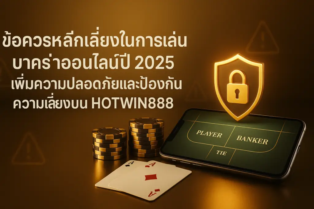 ภาพฟีเจอร์เกี่ยวกับข้อควรหลีกเลี่ยงในการเล่นบาคาร่าออนไลน์ปี 2025 เพื่อความปลอดภัยและลดความเสี่ยงบน hotwin888 โทนสีทอง-น้ำตาลหรูหรา