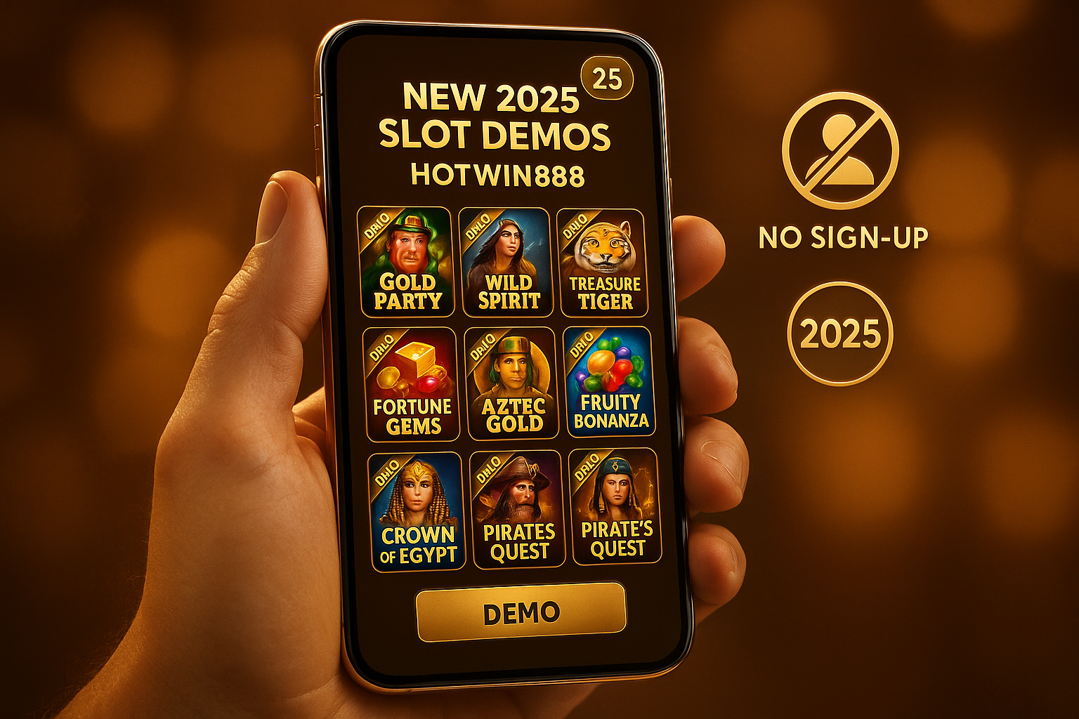 ตัวอย่างเกมเดโม่ใหม่ 2025 สำหรับ ทดลองเล่นสล็อตฟรี HOTWIN888 บนมือถือ แสดงแกลเลอรีเกมพร้อมป้าย DEMO และไอคอนไม่ต้องสมัคร โทนทอง-น้ำตาลหรู
