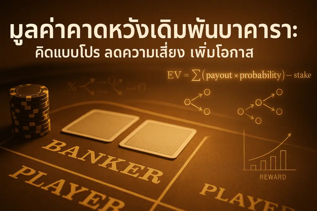 ภาพประกอบโทนทอง-น้ำตาลสไตล์หรู แสดงมูลค่าคาดหวังเดิมพันบาคาร่า (expected value) บนโต๊ะบาคาร่า มีชิป ไพ่ และสูตร EV เพื่อสื่อแนวคิดลดความเสี่ยง-เพิ่มโอกาส สำหรับบทความของ hotwin888